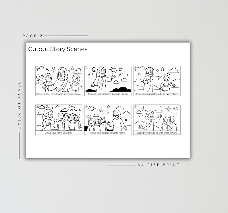 May include: Black and white illustrated cutout story scenes featuring Jesus and his followers. The scenes include text such as "Jesus meets His followers after rising again" and "Jesus says all authority belongs to Him." The words "READY TO PRINT" and "A4 SIZE PRINT" are also visible.