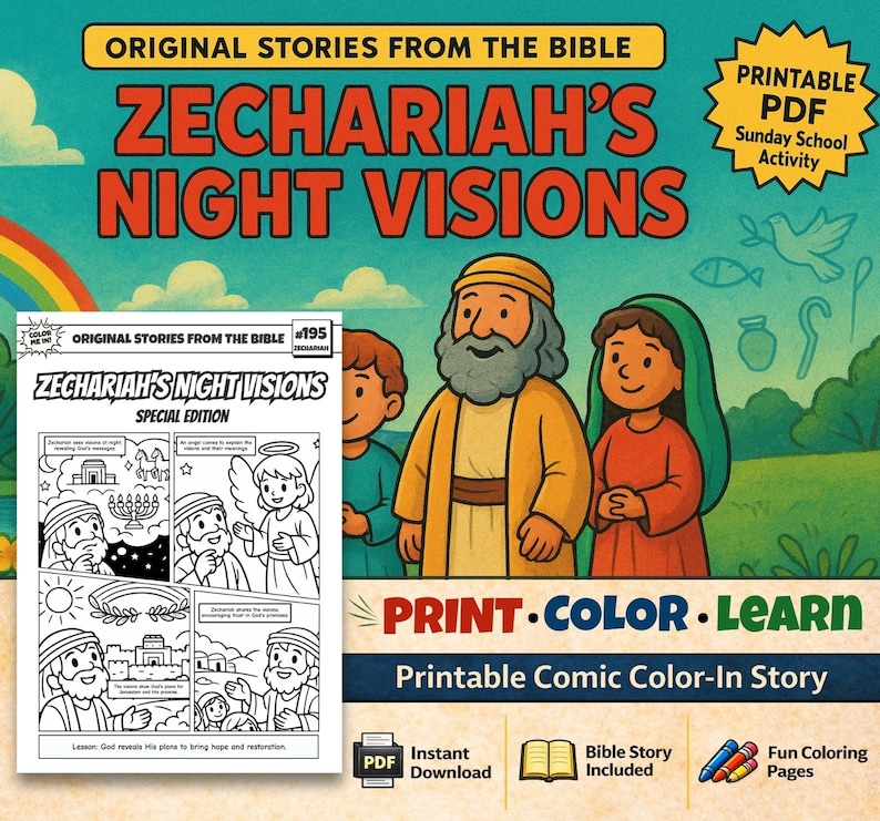 Zechariah’s Night Visions Bible Comic Colouring Page: listing photo