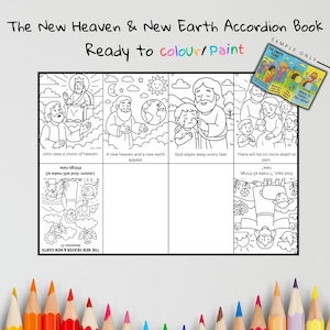 Op de afbeelding: Zwart-wit accordeonboek getiteld "The New Heaven & New Earth" met illustraties om in te kleuren. Het boek bevat tekst zoals "Ready to colour/paint" en "God says, 'I make all things new.'" Een klein voorbeeldboekje staat rechtsboven.
