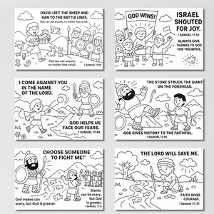 May include: Six black and white coloring pages with Bible verses and illustrations. The images depict scenes from the Bible, including David and Goliath, with text such as "God Wins!" and "The Lord Will Save Me."