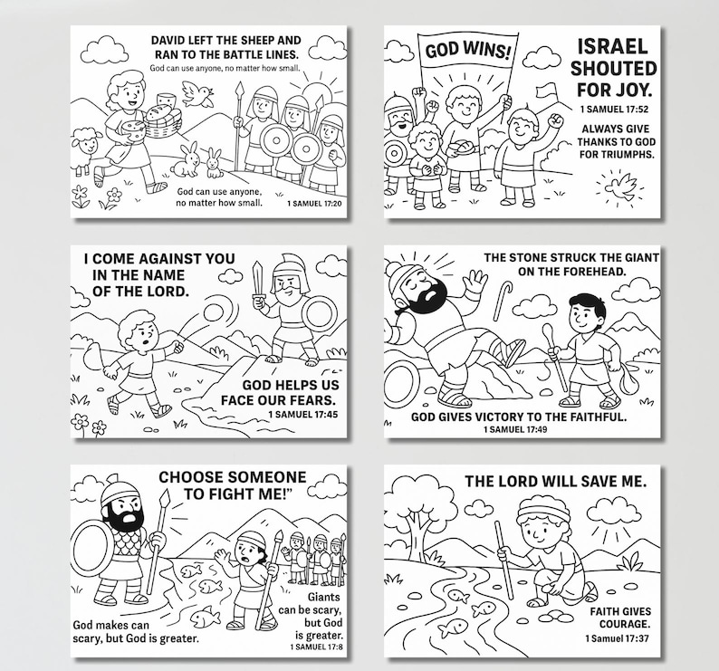 May include: Six black and white coloring pages with Bible verses and illustrations. The images depict scenes from the Bible, including David and Goliath, with text such as "God Wins!" and "The Lord Will Save Me."