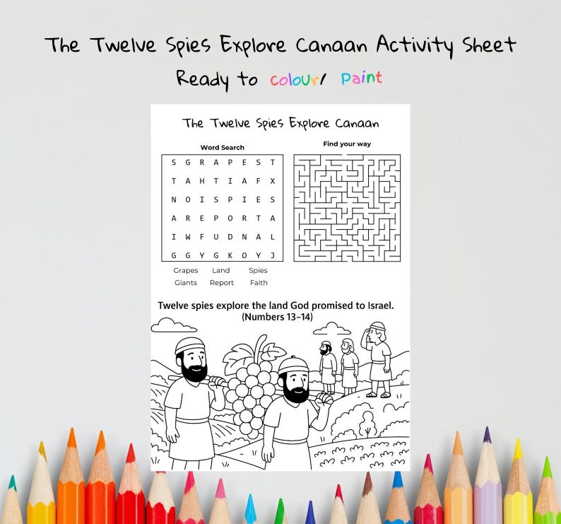 The Twelve Spies Explore Canaan Bible Activity Sheet: listing photo