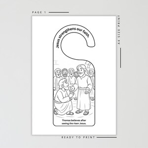 Peut inclure: Un porte-manteau noir et blanc avec une illustration de J&eacute;sus et de ses disciples. Le texte "J&eacute;sus renforce notre foi" est en haut et "Thomas croit apr&egrave;s avoir vu J&eacute;sus ressuscit&eacute;" est en bas. Pr&ecirc;t &agrave; imprimer.