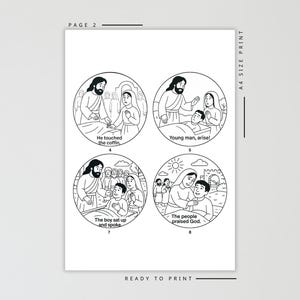May include: Black and white illustrations on a white background. The illustrations are in circular frames and depict scenes with figures and text. The text includes phrases like "He touched the coffin" and "Young man, arise!" The page is labeled "PAGE 2" and "READY TO PRINT."