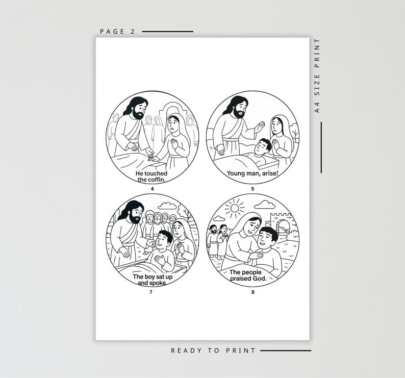 May include: Black and white illustrations on a white background. The illustrations are in circular frames and depict scenes with figures and text. The text includes phrases like "He touched the coffin" and "Young man, arise!" The page is labeled "PAGE 2" and "READY TO PRINT."