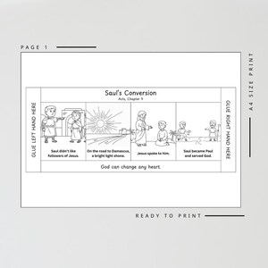 May include: Black and white line art illustration of a Bible story, "Saul's Conversion," with text and images. The text includes "Saul didn't like followers of Jesus" and "God can change any heart."