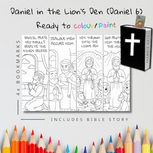 May include: Black and white coloring bookmarks with the text "Daniel in the Lion's Den (Daniel 6)". The bookmarks are ready to color and include a Bible story. A black book with a white cross is also shown.
