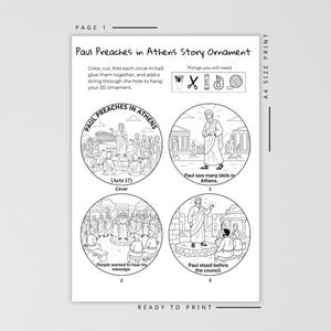 K&ouml;nnte beinhalten: Eine schwarz-wei&szlig; bedruckbare Seite mit dem Text "Paul Preaches in Athens Story Ornament". Die Seite enth&auml;lt vier kreisf&ouml;rmige Illustrationen, die Szenen aus der Geschichte darstellen, sowie Anweisungen und eine Liste der ben&ouml;tigten Materialien.