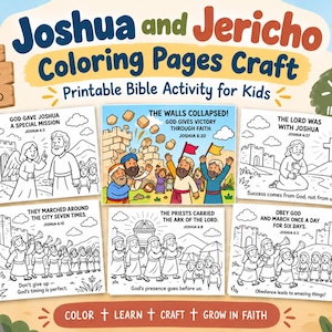 May include: A set of six printable coloring pages featuring the story of Joshua and Jericho. The pages include black and white line art illustrations with text captions such as The Walls Collapsed, They Marched Around the City, and The Priests Carried the Ark of the Lord, designed for children to color.