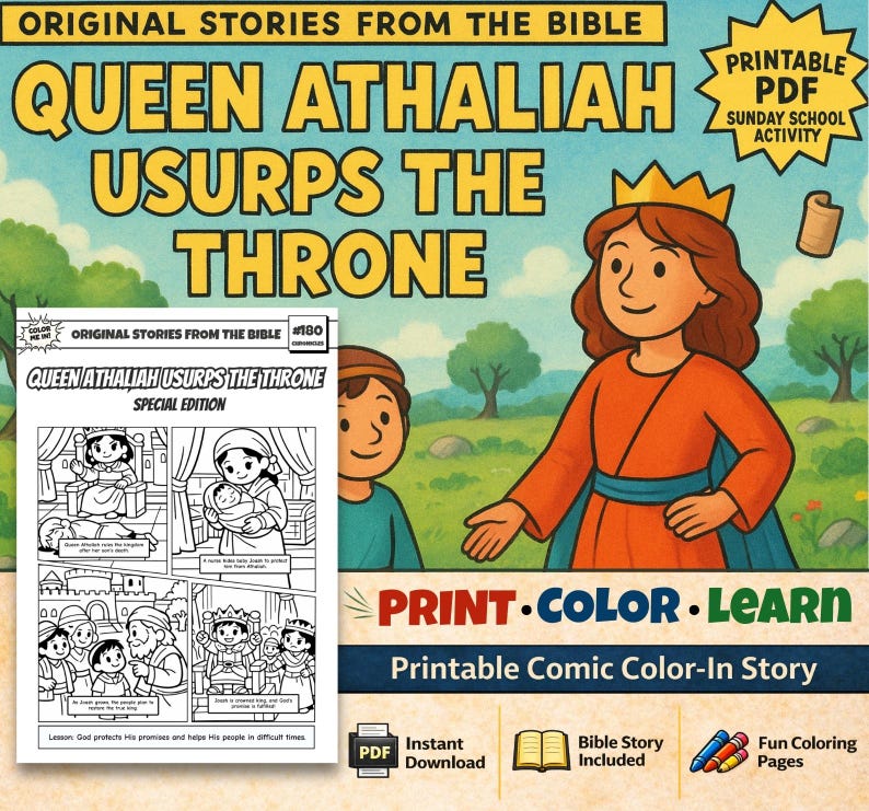 Queen Athaliah Usurps the Throne Bible Comic Colouring Page for Kids: listing photo