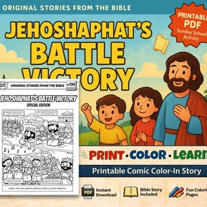 Może przedstawiać: Kolorowa ilustracja do zajęć w szk&oacute;łce niedzielnej. Obraz zawiera tekst "JEHOSHAPHAT'S BATTLE VICTORY" i "PRINT COLOR LEARN". Zawiera komiks z czarno-białymi ilustracjami i grupą postaci z kresk&oacute;wek.