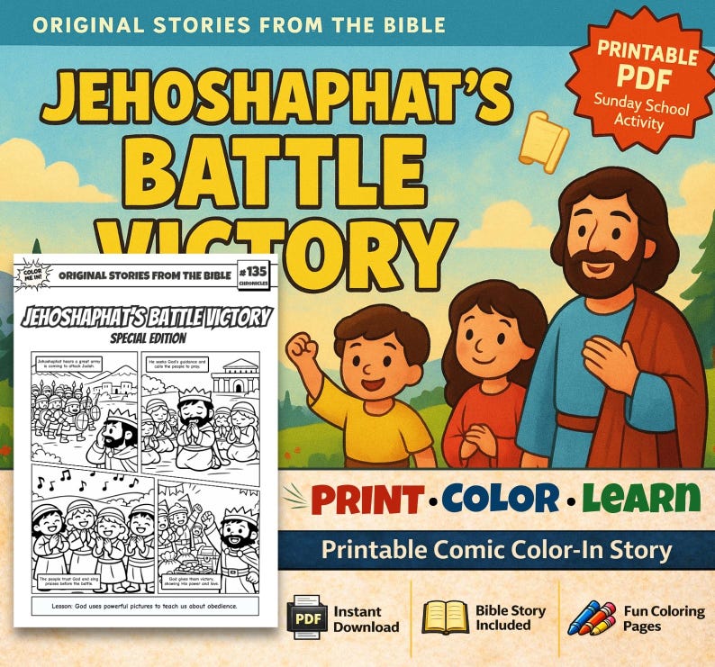 Jehoshaphat’s Battle Victory Bible Comic Colouring Page for Kids: listing photo