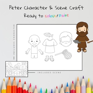 Puede incluir: Una página para colorear de Peter Character & Scene Craft con el texto "Ready to colour/Paint". La página incluye una ilustración de dibujos animados de Pedro, un pez, ropa y una escena de Pedro predicando.