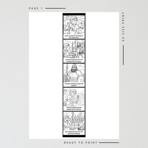 May include: Black and white illustrated comic strip with text. The strip shows scenes from a biblical story, including a shepherd with sheep, a boy bringing food, a giant, and a battle. The text includes "PAGE 1" and "READY TO PRINT."