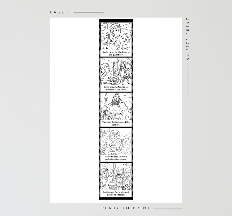 May include: Black and white illustrated comic strip with text. The strip shows scenes from a biblical story, including a shepherd with sheep, a boy bringing food, a giant, and a battle. The text includes "PAGE 1" and "READY TO PRINT."