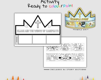 Op de afbeelding: Een zwart-wit activiteitenvellen met de tekst "Elijah and the Widow of Zarephath Crown Activity Ready to colour/Paint". Bevat een kroon sjabloon en verhaal secties. Een voorbeeld kroon wordt getoond.