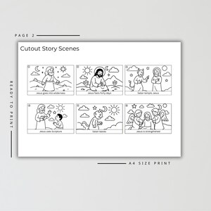 Puede incluir: Ilustraci&oacute;n en blanco y negro de seis escenas recortadas. Las escenas representan eventos b&iacute;blicos, incluyendo a Jes&uacute;s en el desierto, ayunando, siendo tentado, usando las Escrituras y siendo fortalecido. El texto "Cutout Story Scenes" est&aacute; en la parte superior.