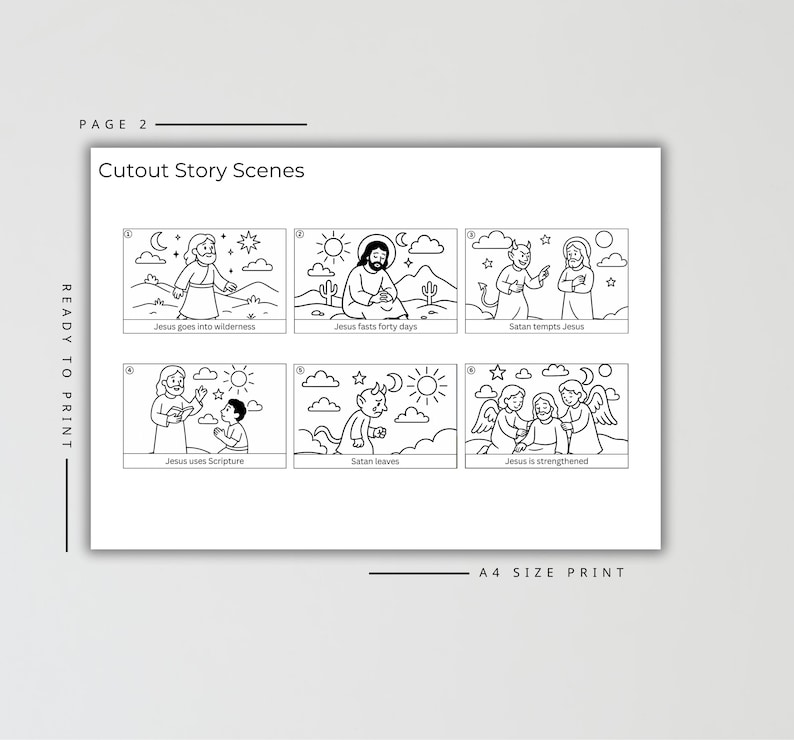 Puede incluir: Ilustraci&oacute;n en blanco y negro de seis escenas recortadas. Las escenas representan eventos b&iacute;blicos, incluyendo a Jes&uacute;s en el desierto, ayunando, siendo tentado, usando las Escrituras y siendo fortalecido. El texto "Cutout Story Scenes" est&aacute; en la parte superior.