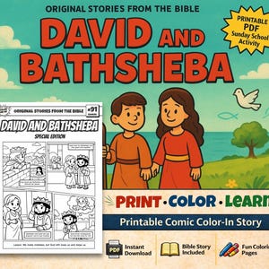 Puede incluir: Una colorida ilustración para una actividad de la escuela dominical. La imagen presenta el texto "DAVID AND BATHSHEBA" en letras grandes de color naranja. Se muestra una página de estilo cómic con el título "DAVID AND BATHSHEBA SPECIAL EDITION". La imagen también incluye el texto "PRINT COLOR LEARN" y "Printable Comic Color-In Story".