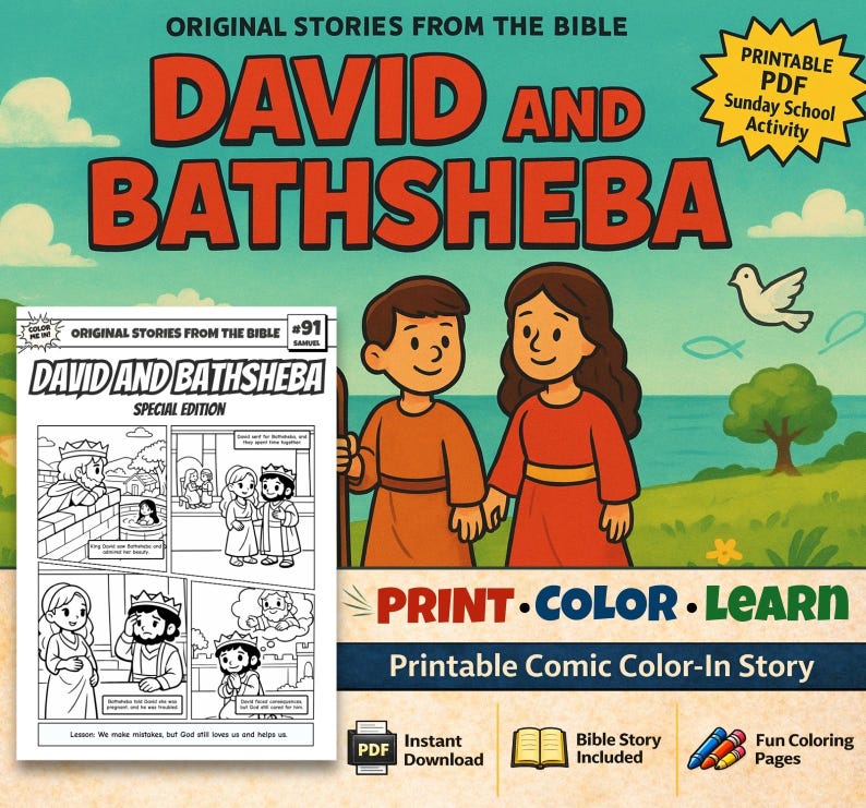 David and Bathsheba Bible Comic Colouring Page: listing photo
