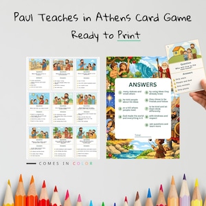 K&ouml;nnte beinhalten: Ein farbenfrohes Kartenspiel mit dem Titel "Paul Teaches in Athens Card Game" mit dem Text "Ready to Print" und "Comes in Color". Das Spiel enth&auml;lt illustrierte Karten mit Fragen und Antworten, die biblische Szenen und Charaktere zeigen.