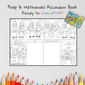May include: Black and white line art accordion book titled "Philip & Nathanael Accordion Book" with the text "Ready to colour/Paint". The book features illustrations of biblical scenes and characters, with text captions. A small sample book is in the upper right corner.