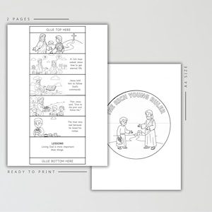 May include: Two-page black and white printable activity. One page features a comic strip with text and illustrations about a biblical story. The second page has a circular illustration with the text "THE RICH YOUNG RULER". The text "READY TO PRINT" is also visible.