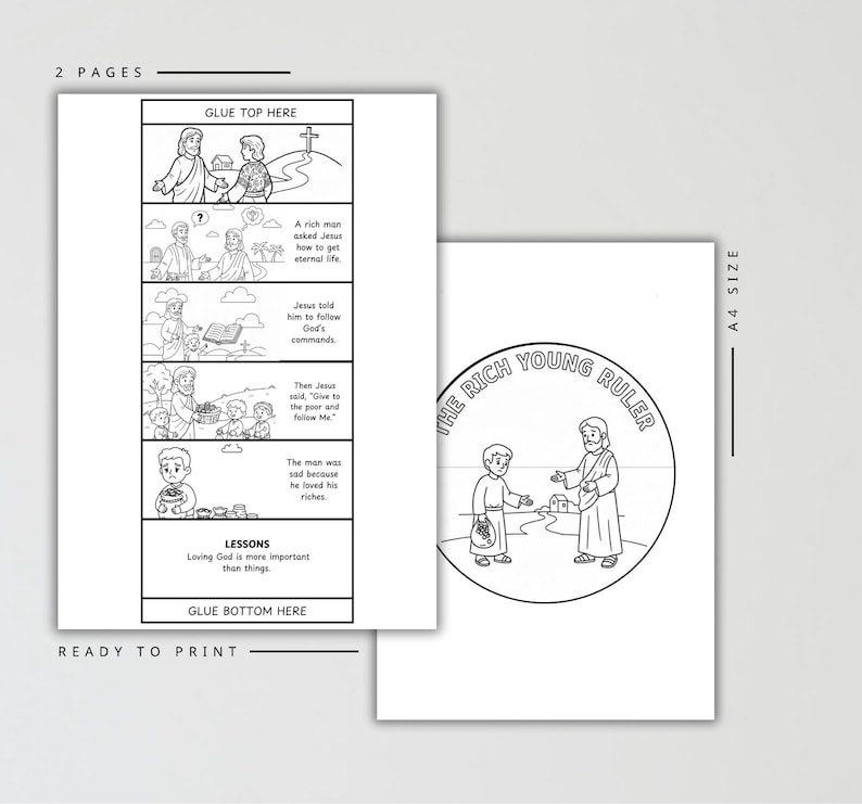 May include: Two-page black and white printable activity. One page features a comic strip with text and illustrations about a biblical story. The second page has a circular illustration with the text "THE RICH YOUNG RULER". The text "READY TO PRINT" is also visible.