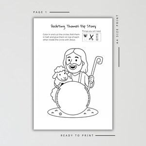 K&ouml;nnte beinhalten: Schwarz-wei&szlig; druckbares Arbeitsblatt mit dem Titel "Doubting Thomas Flip Story". Die Illustration zeigt eine Karikatur von Jesus mit einem Schaf, einem Stab und einem gro&szlig;en Kreis mit Anweisungen. Enth&auml;lt den Text "F&auml;rben und schneiden Sie die Kreise aus, falten Sie sie in zwei H&auml;lften und kleben Sie sie &uuml;bereinander in den Kreis mit Jesus."