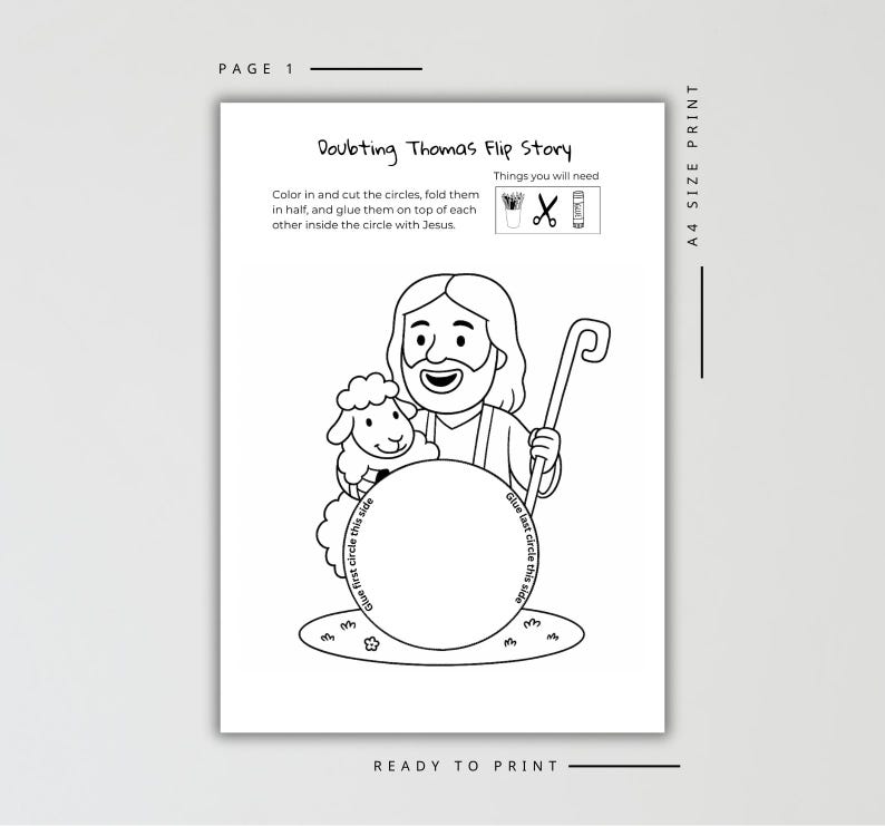 K&ouml;nnte beinhalten: Schwarz-wei&szlig; druckbares Arbeitsblatt mit dem Titel "Doubting Thomas Flip Story". Die Illustration zeigt eine Karikatur von Jesus mit einem Schaf, einem Stab und einem gro&szlig;en Kreis mit Anweisungen. Enth&auml;lt den Text "F&auml;rben und schneiden Sie die Kreise aus, falten Sie sie in zwei H&auml;lften und kleben Sie sie &uuml;bereinander in den Kreis mit Jesus."