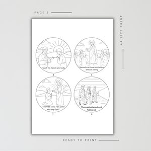 K&ouml;nnte beinhalten: Schwarz-Wei&szlig;-Druck im A4-Format mit vier runden Illustrationen, die biblische Szenen darstellen. Texte umfassen "Ber&uuml;hre meine H&auml;nde und meine Seite", "Thomas glaubte und folgte" und "READY TO PRINT".