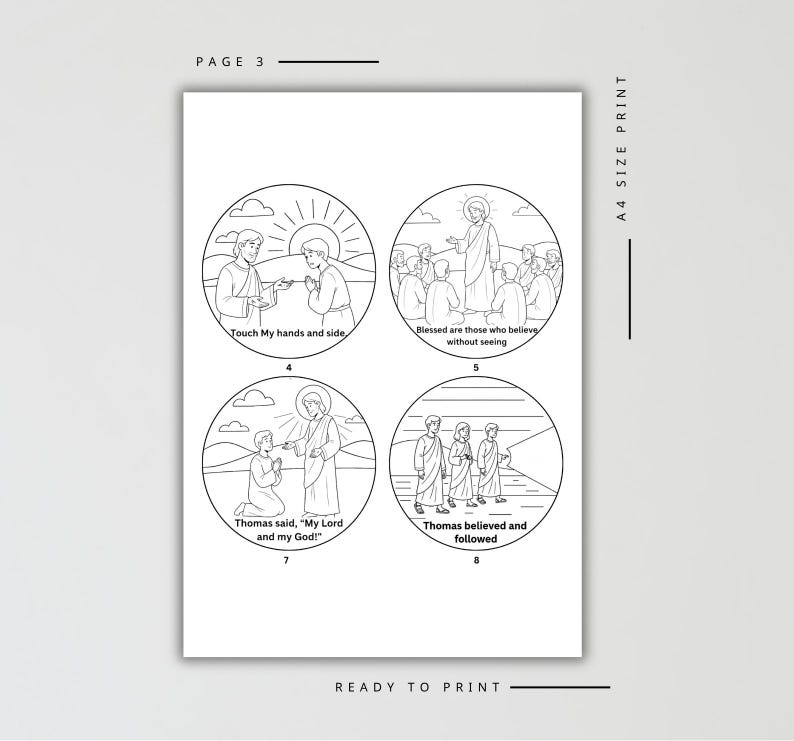K&ouml;nnte beinhalten: Schwarz-Wei&szlig;-Druck im A4-Format mit vier runden Illustrationen, die biblische Szenen darstellen. Texte umfassen "Ber&uuml;hre meine H&auml;nde und meine Seite", "Thomas glaubte und folgte" und "READY TO PRINT".