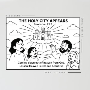 Puede incluir: Ilustraci&oacute;n en blanco y negro de una escena b&iacute;blica. La imagen presenta un castillo, nubes y personas mirando hacia arriba. El texto incluye "THE HOLY CITY APPEARS" y "Coming down out of heaven from God."
