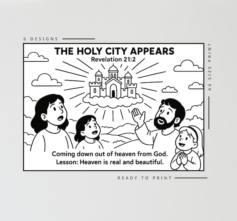 Puede incluir: Ilustraci&oacute;n en blanco y negro de una escena b&iacute;blica. La imagen presenta un castillo, nubes y personas mirando hacia arriba. El texto incluye "THE HOLY CITY APPEARS" y "Coming down out of heaven from God."