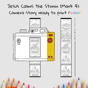 May include: A camera-shaped illustration with a yellow accent, featuring a film strip depicting a biblical story. The text reads "Jesus Calms the Storm (Mark 4)" and "Camera story ready to print / colour". The film strip shows scenes of a storm and Jesus.