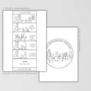 May include: Two-page ready-to-print coloring book with the text "The Unforgiving Servant." The first page has a comic strip with text and illustrations. The second page has a circular illustration. The text includes "Always forgive others."