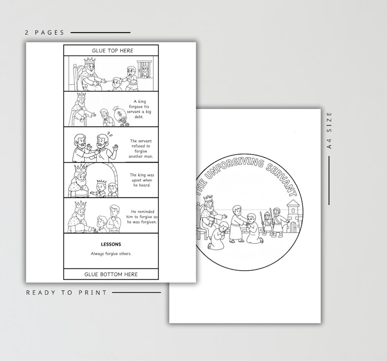 May include: Two-page ready-to-print coloring book with the text "The Unforgiving Servant." The first page has a comic strip with text and illustrations. The second page has a circular illustration. The text includes "Always forgive others."