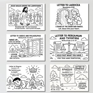 May include: A collection of six black and white illustrations with religious themes. Each card features biblical scenes and text, including Jesus, churches, and inspirational messages. Ideal for coloring or study.