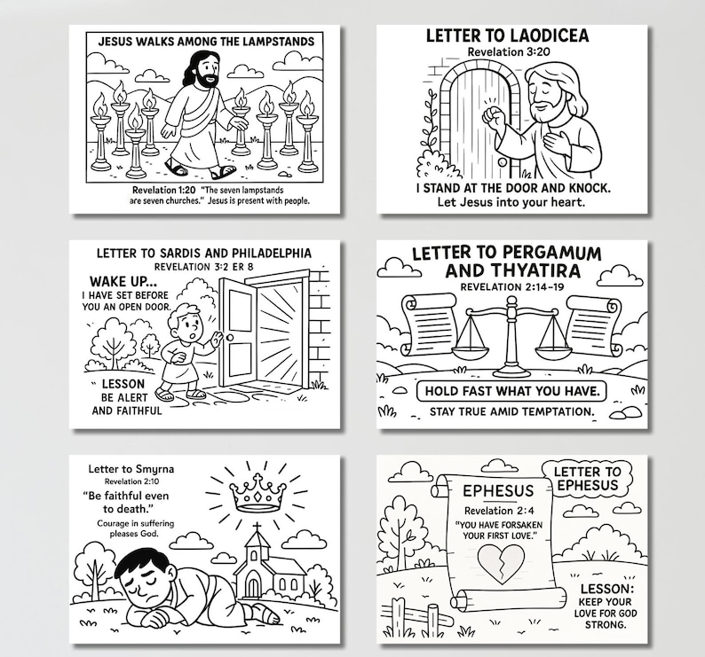 May include: A collection of six black and white illustrations with religious themes. Each card features biblical scenes and text, including Jesus, churches, and inspirational messages. Ideal for coloring or study.