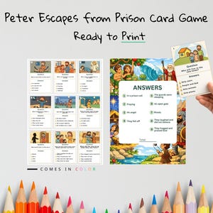 Op de afbeelding: Een kant-en-klaar kaartspel getiteld "Peter Escapes from Prison". Het spel bevat ge&iuml;llustreerde kaarten met vragen en antwoorden, en de tekst "COMES IN COLOR". Het spel toont bijbelse sc&egrave;nes.