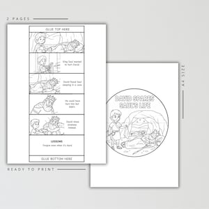 May include: Two-page ready-to-print coloring book with the title "David Spares Saul's Life." The first page has a comic strip layout with text and illustrations. The second page features a circular illustration of David and Saul.