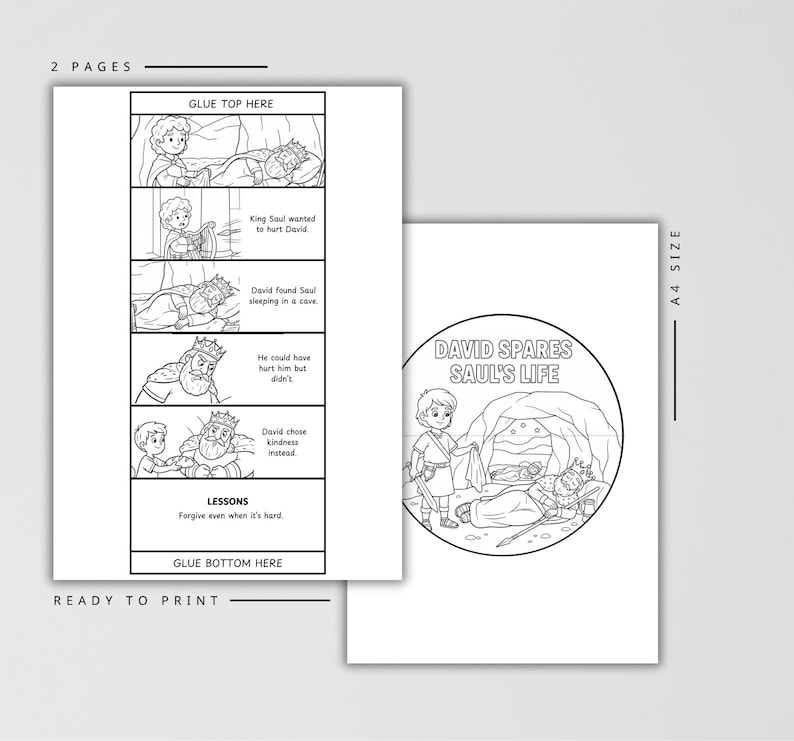 May include: Two-page ready-to-print coloring book with the title "David Spares Saul's Life." The first page has a comic strip layout with text and illustrations. The second page features a circular illustration of David and Saul.