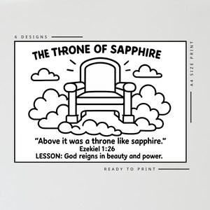 May include: Black and white illustration of a throne with the text "THE THRONE OF SAPPHIRE." The image includes the quote "Above it was a throne like sapphire." from Ezekiel 1:26, and the lesson "God reigns in beauty and power."