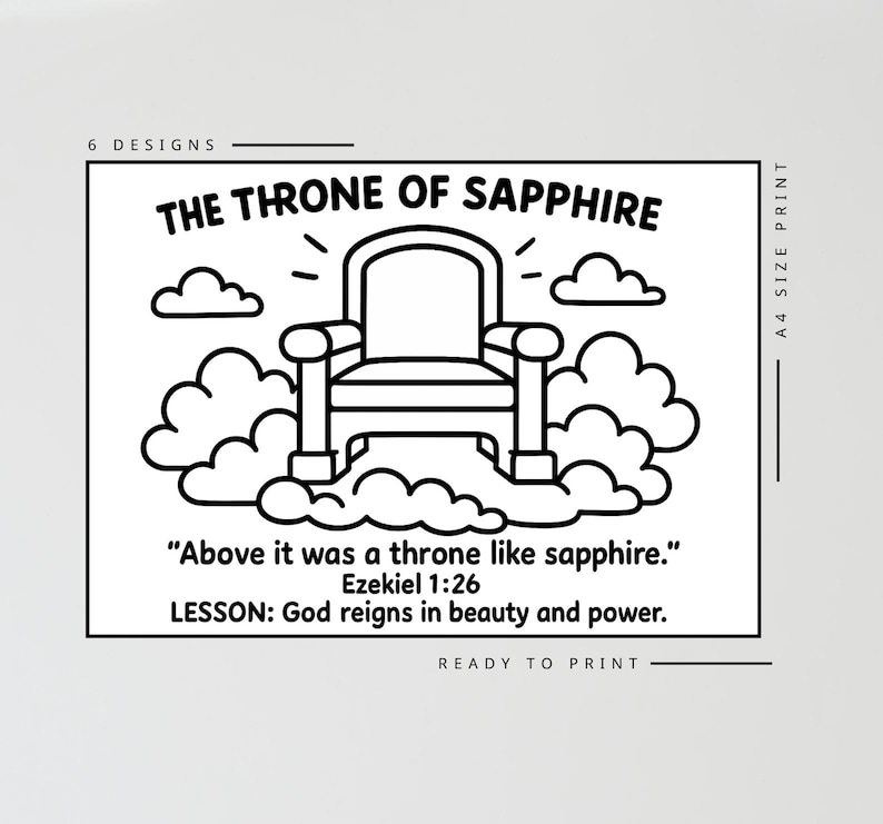 May include: Black and white illustration of a throne with the text "THE THRONE OF SAPPHIRE." The image includes the quote "Above it was a throne like sapphire." from Ezekiel 1:26, and the lesson "God reigns in beauty and power."