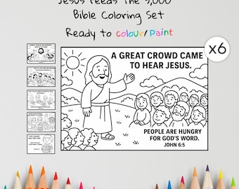 May include: A Bible coloring set depicting Jesus feeding the 5,000. The set includes a large coloring page with Jesus and a crowd, plus smaller panels. Text includes "A Great Crowd Came to Hear Jesus" and "People are Hungry for God's Word."