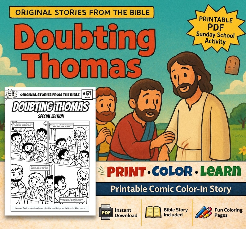 Doubting Thomas Bible Comic Colouring Page: listing photo