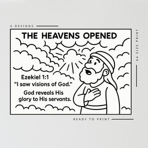 May include: Black and white illustration with the text "THE HEAVENS OPENED" and a Bible verse from Ezekiel 1:1. The image features a cartoon of a man looking up at the heavens.