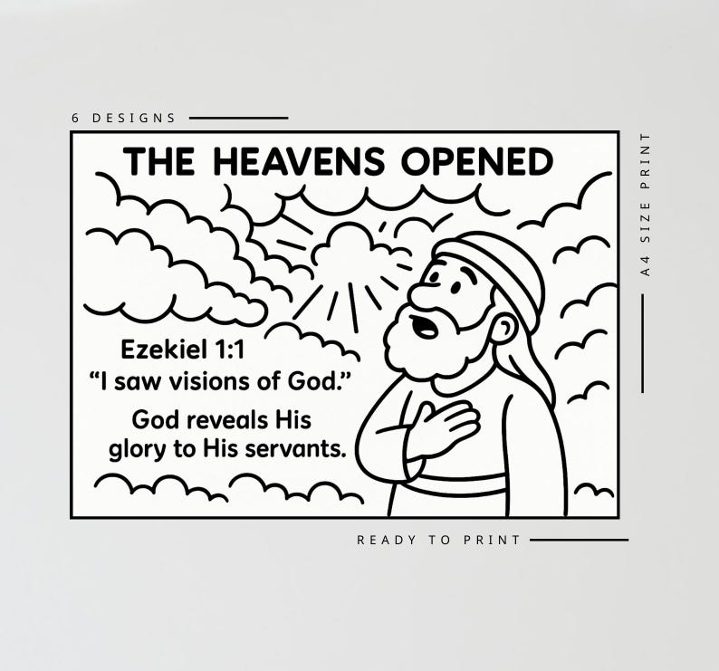 May include: Black and white illustration with the text "THE HEAVENS OPENED" and a Bible verse from Ezekiel 1:1. The image features a cartoon of a man looking up at the heavens.