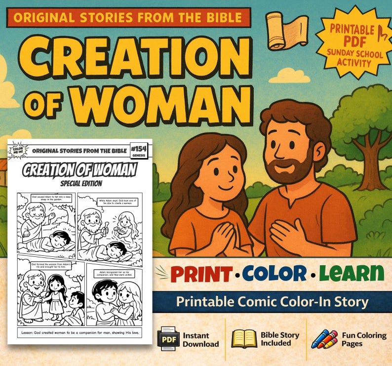 Creation of Woman Bible Comic Colouring Page: listing photo