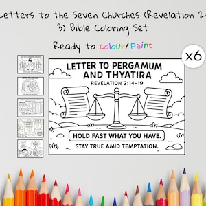 Puede incluir: Un juego de colorear bíblico con ilustraciones de las Siete Iglesias del Apocalipsis. La imagen incluye el texto "Carta a Pérgamo y Tiatira" y la frase "Aférrate a lo que tienes. Mantente fiel ante la tentación." También se ven lápices de colores.